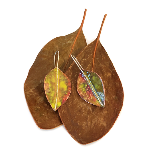 Autumn Leaf earrings with multicoloured brass patina